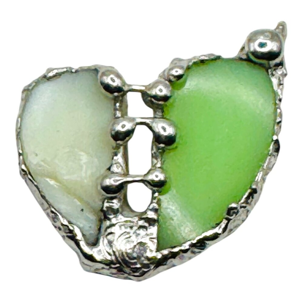 Vaseline Glass “Mended” Heart Pendant Bezel Artisan Crafted Glowing Glass - Picture 5 of 17